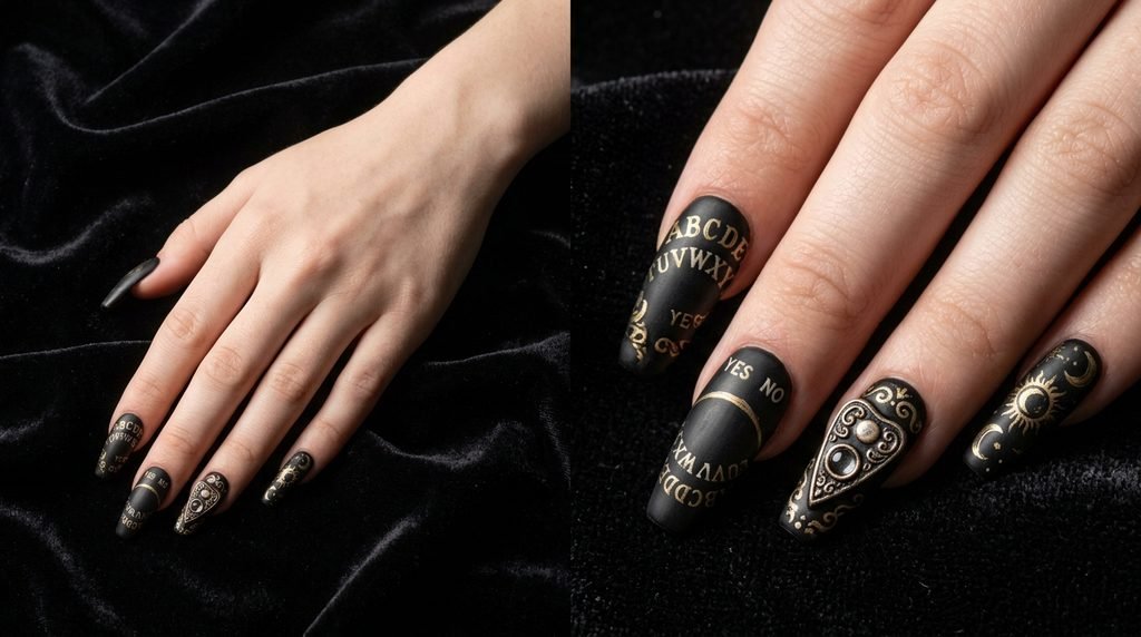 Long coffin nails with intricate spirit board art shown on an 18-year-old female hand with white skin.