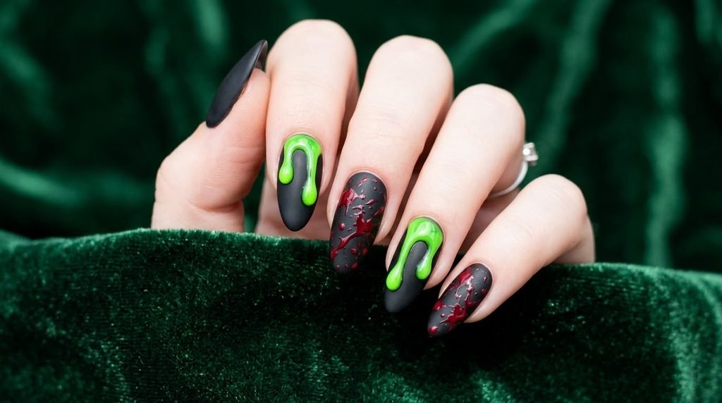 A close-up view of coffin nails demonstrating the contrast between thick, glossy neon green slime drips and messy deep red blood splatter on a matte black base against a forest green velvet background.