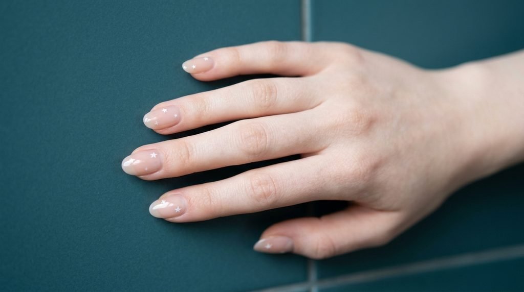 Sheer pink nails with micro white stars on an 18-year-old female hand over deep teal ceramic.