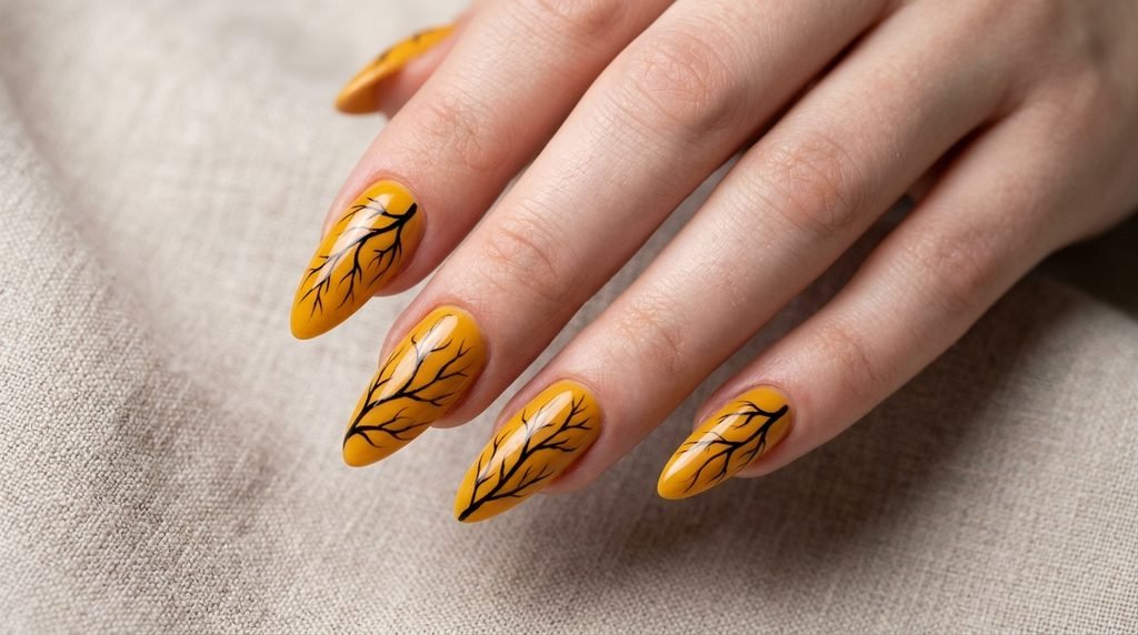 Precise black branch linework painted on yellow stiletto nails, female hand with white skin.