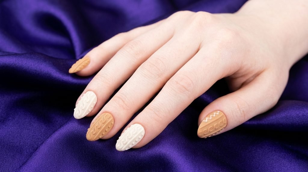 Salon quality camel and cream sweater nail art shown over royal purple satin.