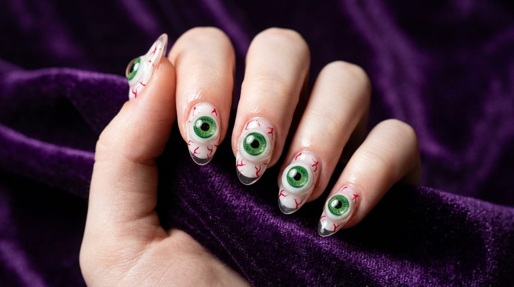 A flat-lay close-up of a woman's pale hand with nails prepared, 3D eyeball charms scattered nearby, and one charm positioned on the middle finger nail, against a clean gray background.