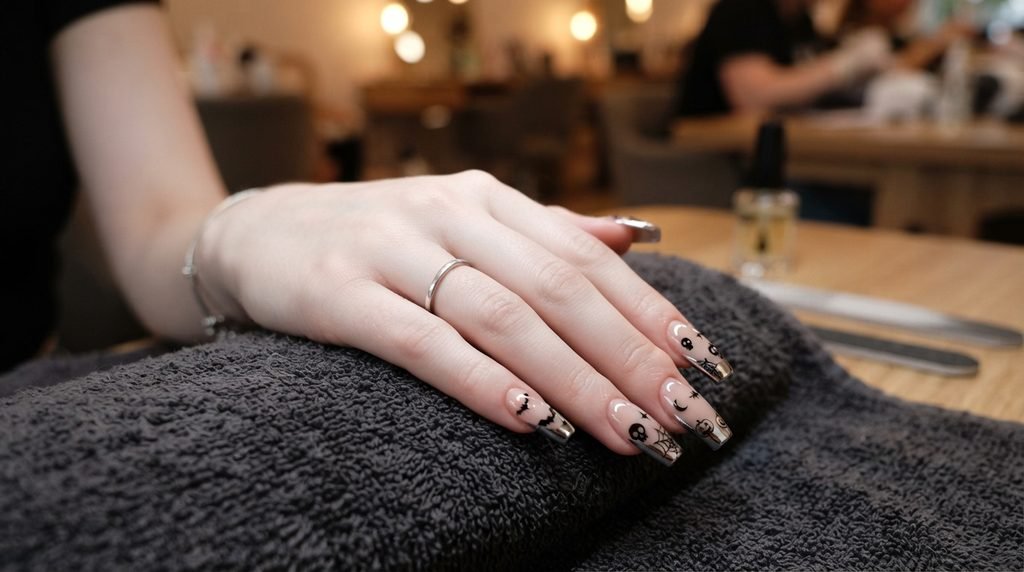 Completed Halloween chrome French tip manicure resting on a dark salon towel.