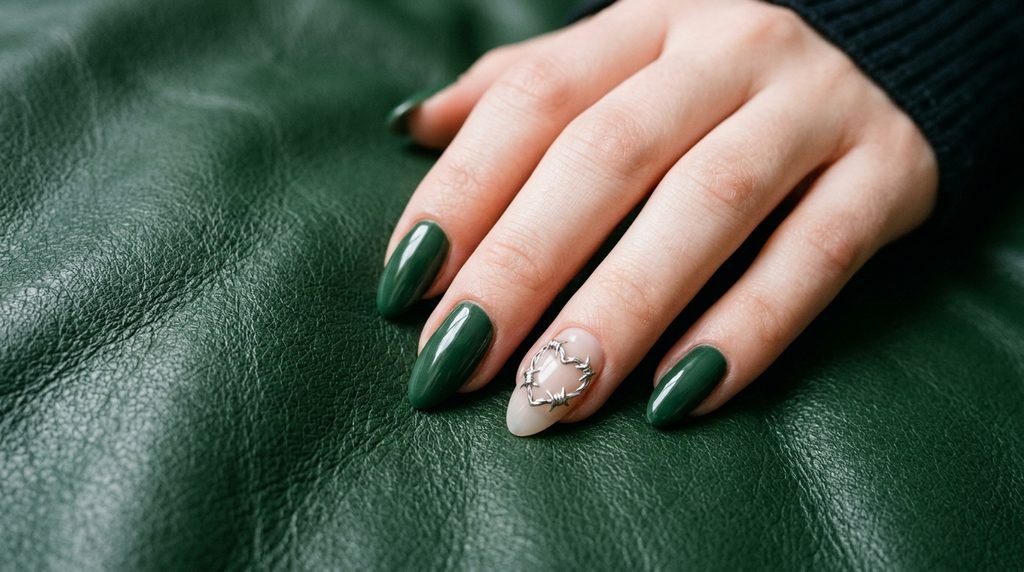 Barbed wire heart nail art outline painted in metallic silver on accent nail.