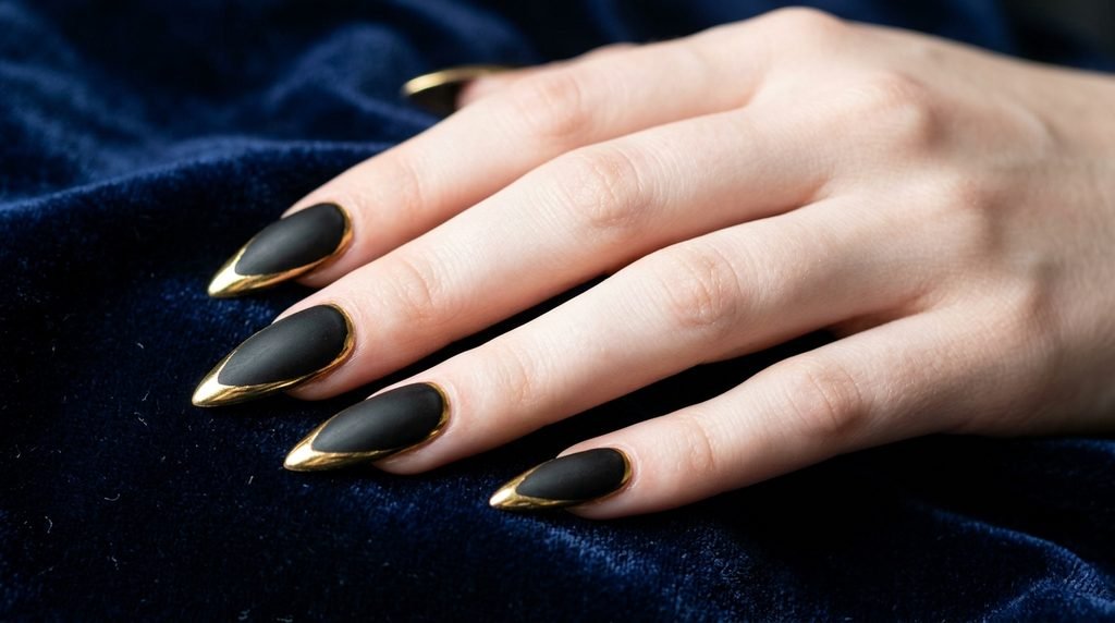 Hand with very white skin displaying dual-texture matte black and shiny gold nails against midnight-blue velvet.