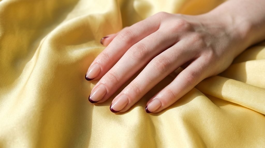 Sheer black cherry micro French tips on a nude base displayed against bright butter yellow silk.