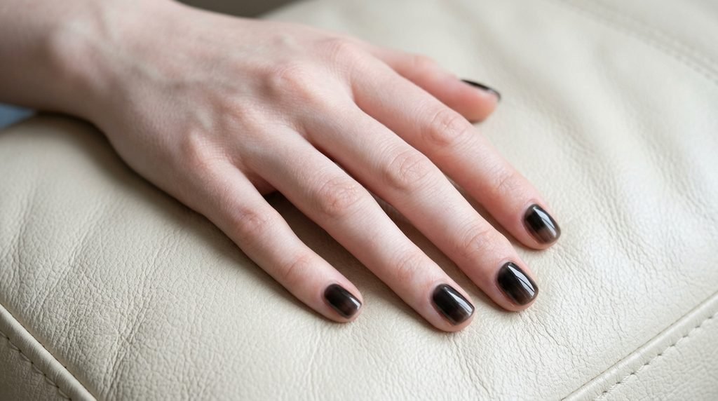 Short sheer black jelly nails on an 18-year-old female hand with very white skin over cream leather.