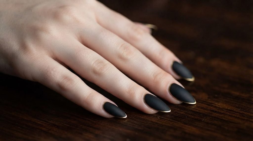 Hand with very white skin displaying dual-texture matte black and shiny gold nails against midnight-blue velvet.