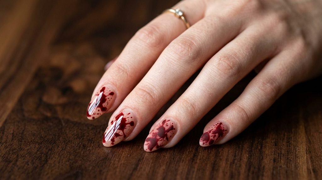 A close-up comparison shot of medium almond nails on an 18-year-old female hand with white skin, all featuring red blood splatter over white. Two nails are ultra-glossy, and two are matte, showing the different finishes against a dark wood background.
