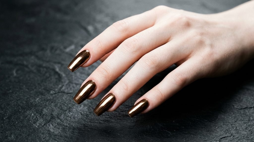 Medium coffin nails with metallic bronze-brown chrome powder finish on a young female hand with light skin against charcoal slate.