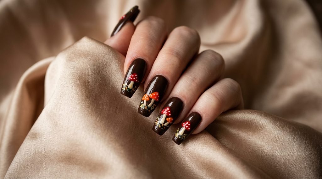 Dark espresso brown nails with bright orange and red mushroom art on an eighteen year old female hand with white skin.