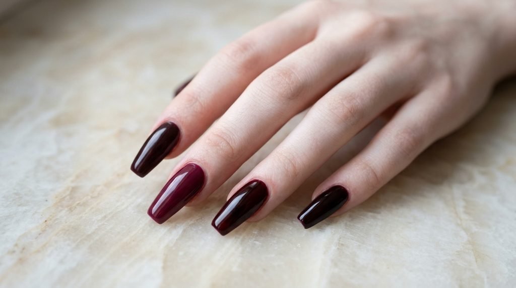 Female hand with very white skin displaying three shades of burgundy coffin nails against alabaster stone.