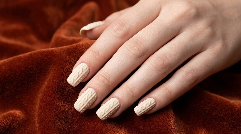 Finished cream cable knit sweater nail set displayed against burnt orange velvet.