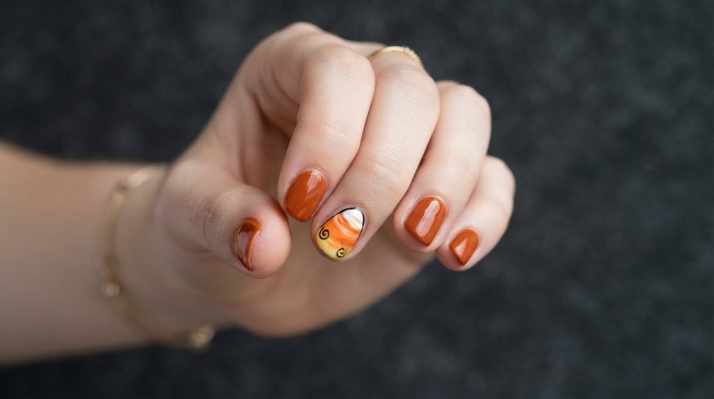 Accent nail featuring tiny hand-painted candy corn design over sheer nude base gel.