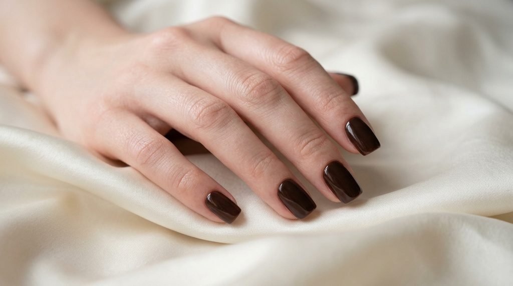 Dark chocolate press-on nails on an 18-year-old female hand with very white skin against cream silk