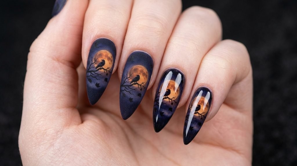 Comparison of matte and glossy finishes on black and yellow stiletto nails, female hand with white skin.