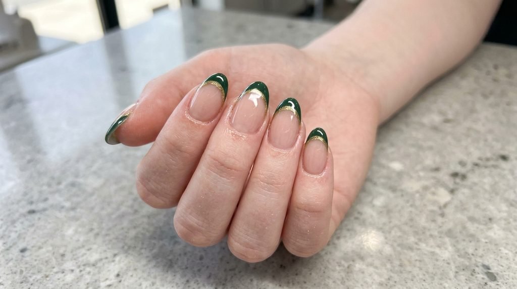 Female hand showing a pristine double French manicure over a light gray granite backdrop.