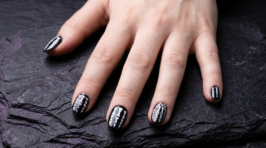 Close-up of an 18-year-old female hand with smooth white skin and short square nails showing a comparison of DIY, press-on, and salon x-ray skeleton nail art against a dark black and violet slate background.