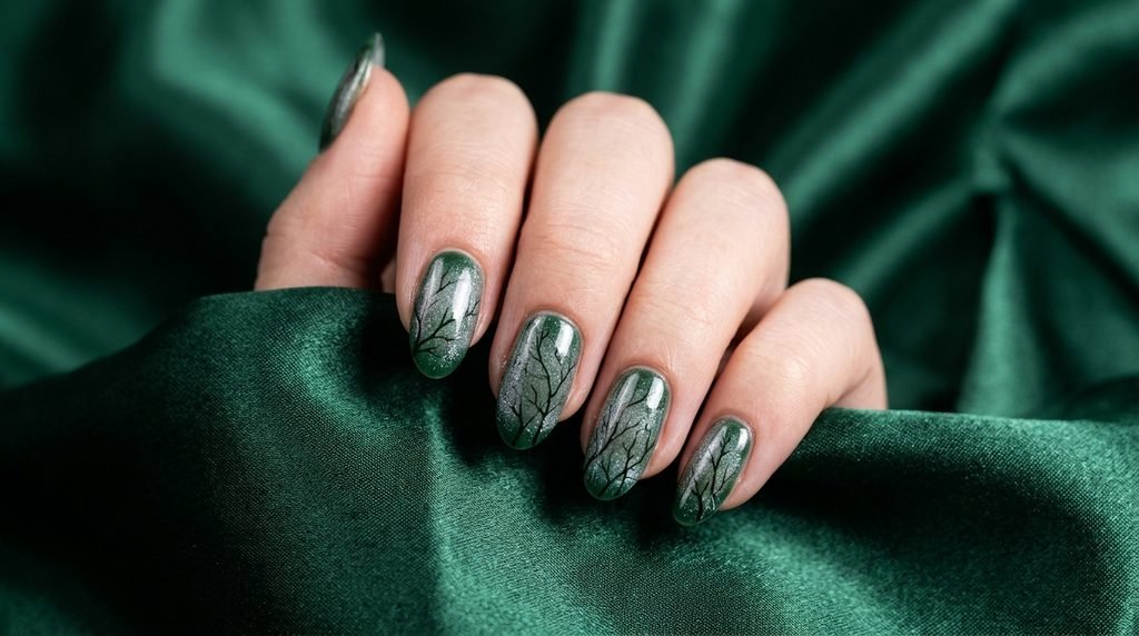 Transition your woodland trees into winter by pairing deep green bases with cool undertones.