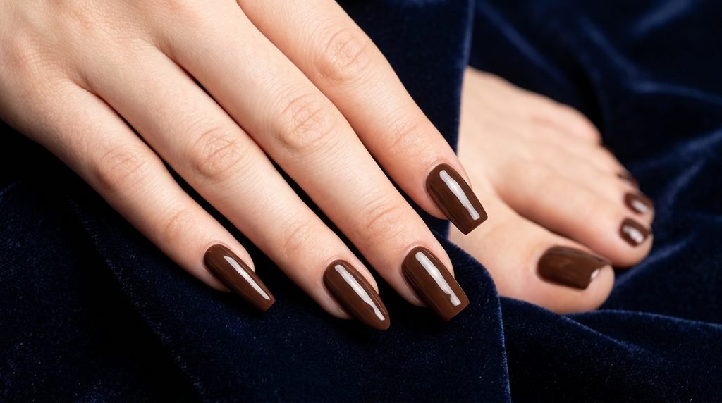 Four nail shapes finished in chocolate glaze gel polish on female hand near toes on navy fabric.