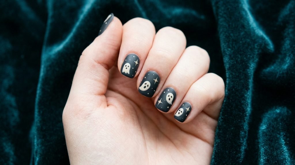 Matte short ghost face nails resting on a luxurious dark teal velvet background.