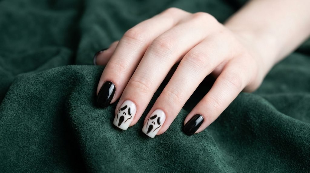 Short square ghost face nails on an 18-year-old female hand against forest green suede.