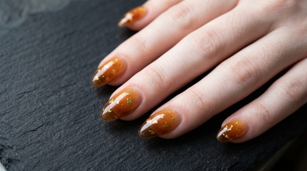Amber syrup nails with embedded gold leaf on light skin over matte black tile.