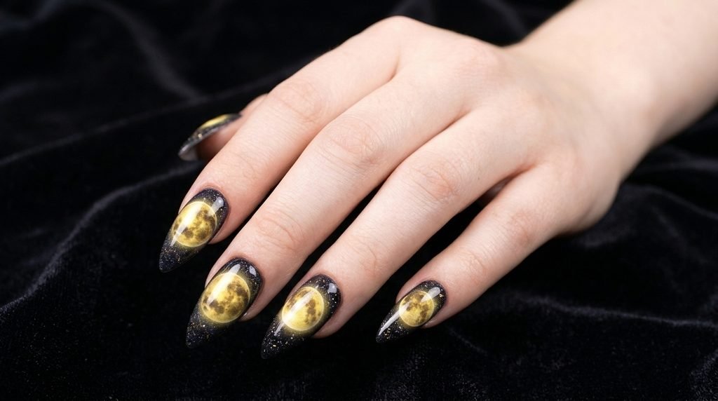Sheer black gradient fading to pale yellow on stiletto nails, female hand with very white skin.