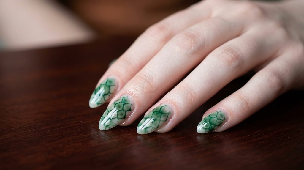 Close-up of green gel blooming into scales on a female hand with white skin over mahogany wood.