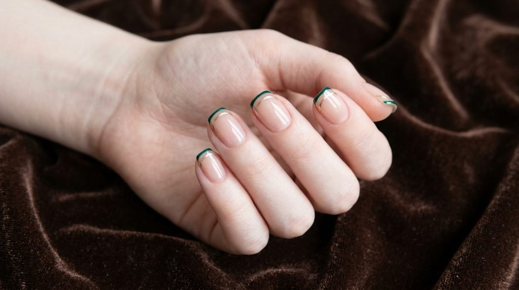 Short squoval double French tip nails in emerald and champagne gold over a sheer base.