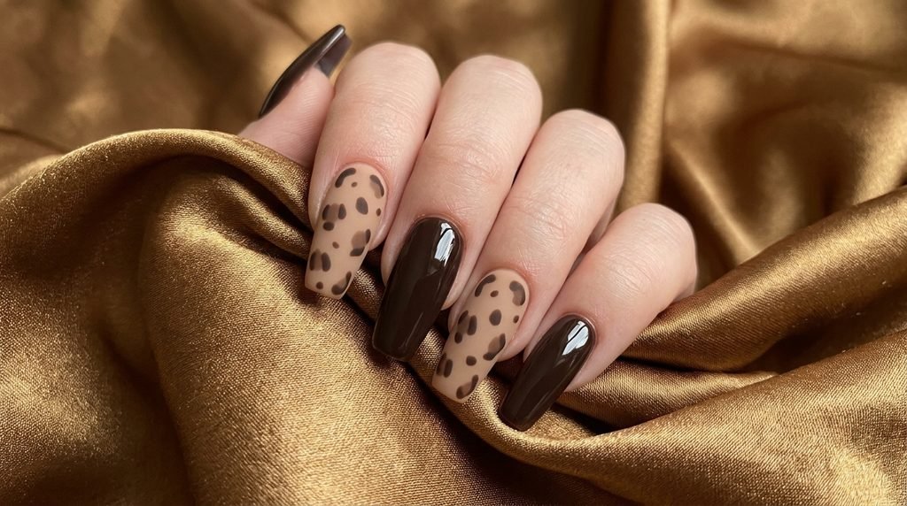 Coffin nails showing matte deer print art paired with glossy dark brown polish on bronze silk.