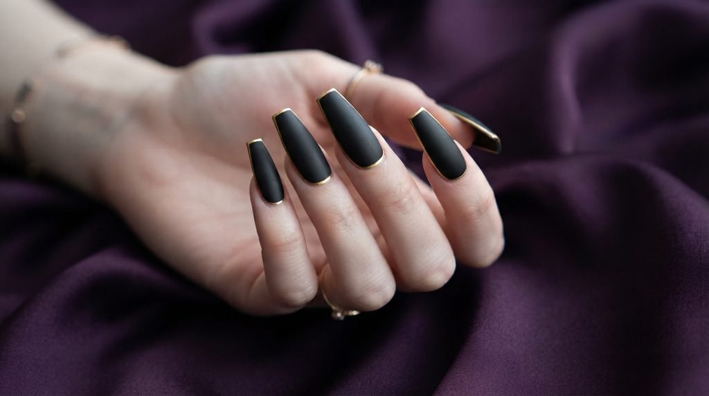 Matte black coffin nails with gold accents on an 18-year-old female hand with very white skin against deep purple satin.