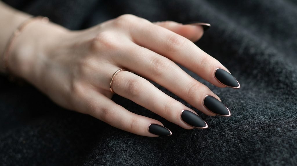 Matte black stiletto nails with rose gold borders on an 18-year-old female hand with very white skin against dark charcoal cloth.