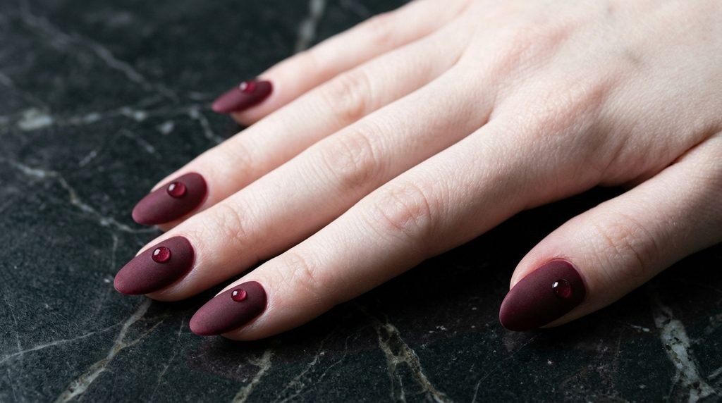 Matte black nail art featuring a small glossy red heart accent in high detail.