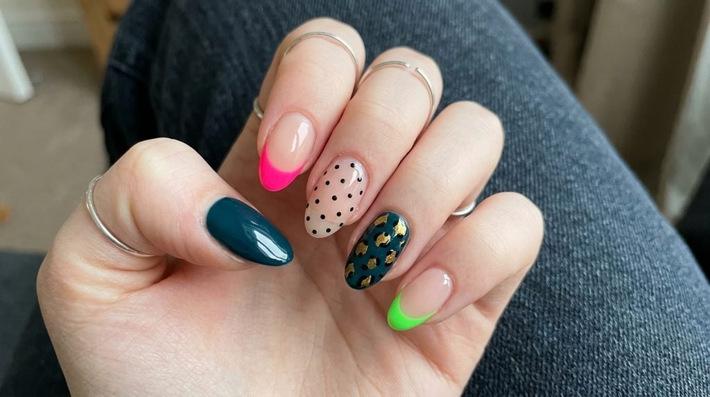 Mixed design set featuring neon French tips and leopard print on an 18-year-old hand with very white skin.