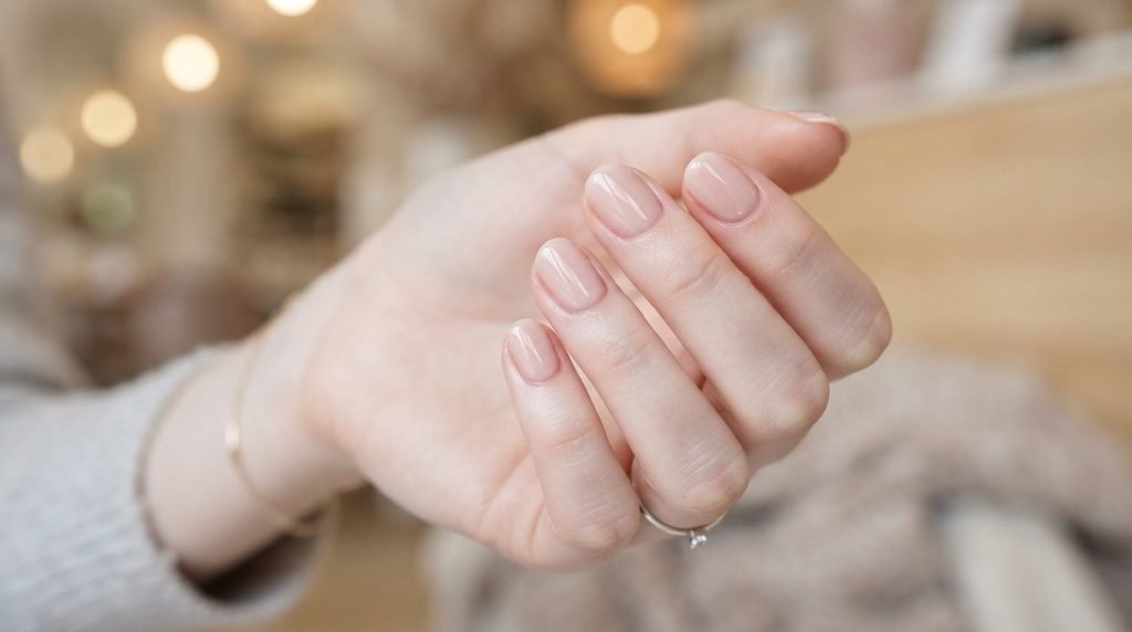 A close-up of neat short round nails on an 18-year-old female with very white skin, showing precise, clean application near the cuticle with no dark navy polish flooding.