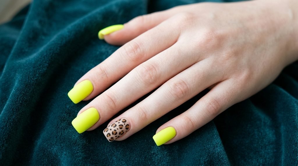 Square-shaped matte neon chartreuse nails with leopard accent art on an 18-year-old hand with very white skin.