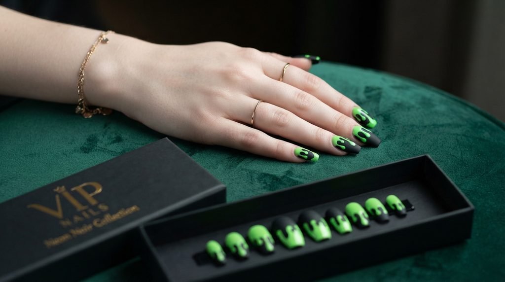 A close-up view shows a hand with matte black and glossy neon green slime drip nails resting on deep emerald velvet, alongside a custom press-on nail box.