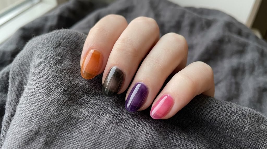 Four different sheer jelly nail colors on an 18-year-old female hand resting on grey linen.