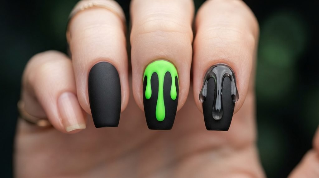 Macro close-up comparing a flat painted neon green drip to a dimensional, raised 3D gel slime drip over black.