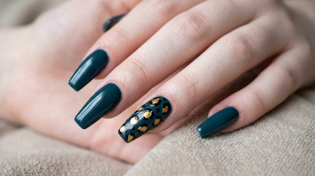 Macro photograph of hand-painted black leopard spots on a gold accent nail worn by an 18-year-old with very white skin.