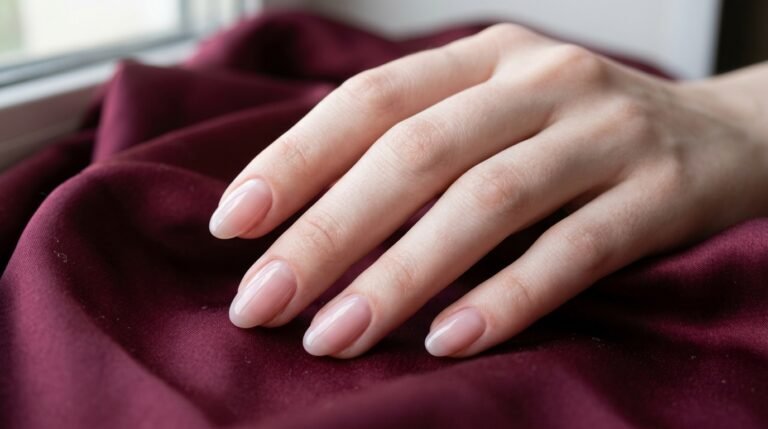 Close-up of an 18-year-old female hand with very white skin showing a glossy sheer pink manicure against deep burgundy silk.