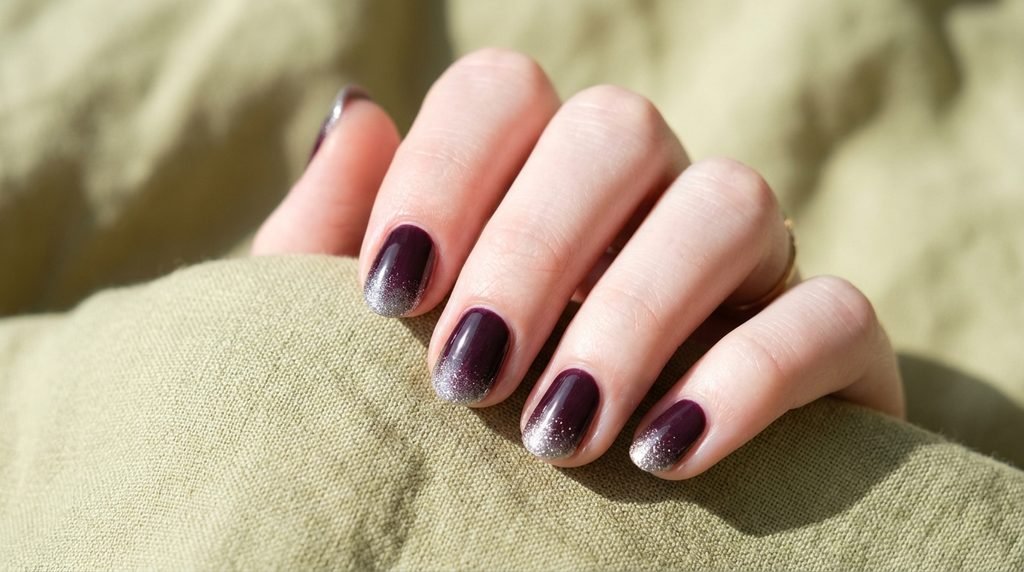 Close-up of short round plum noir nails with a subtle silver micro-glitter gradient on a very white female hand, 18, against light olive green linen.