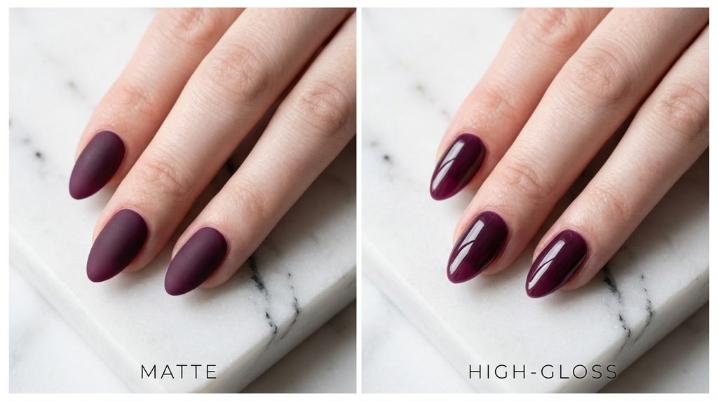 Matte and glossy plum press-on nails side by side on an 18-year-old female hand with very white skin.