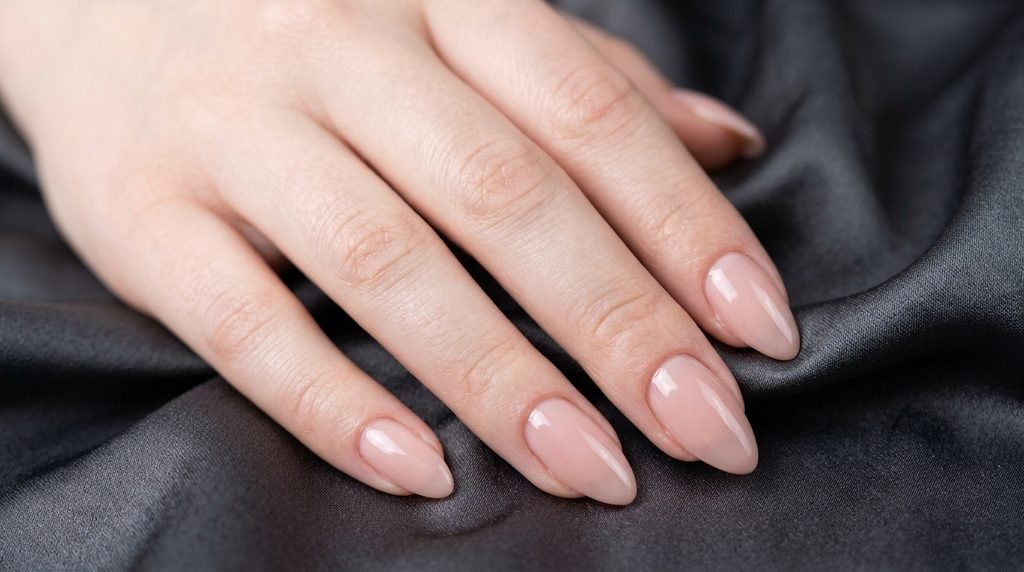 Clean cuticle gel application on an 18-year-old female hand with white skin tone.