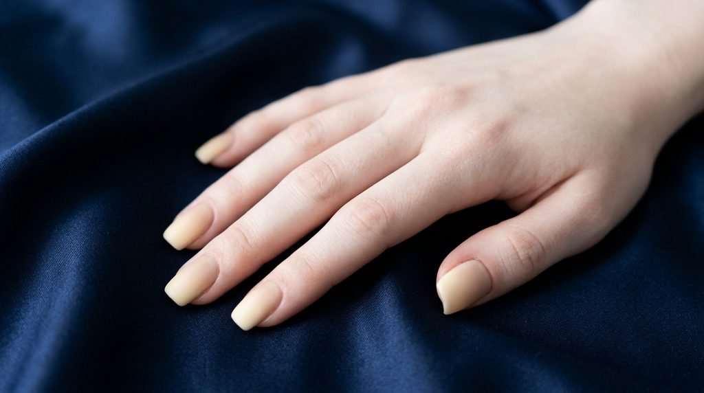 Cashmere nails in buttercream ombre on medium squoval nails over midnight blue background.