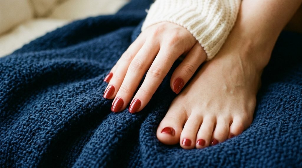 Matching cranberry press-on nails and toes on an 18-year-old female with very white skin over a navy throw.