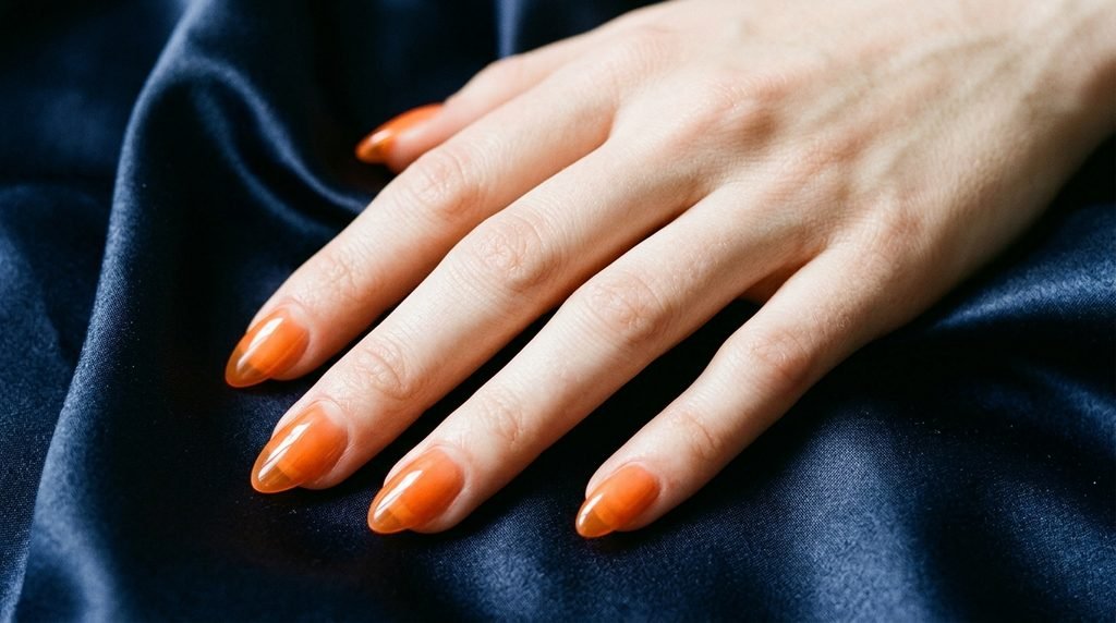 An 18-year-old female hand with very white skin showing translucent orange jelly nails resting on dark navy satin.