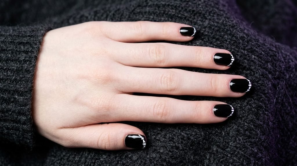 Close-up of an 18-year-old female hand with smooth white skin and short square nails, painted with a black base and featuring a minimalist white bone-pattern French tip design, against a dark charcoal background with a subtle violet light effect.