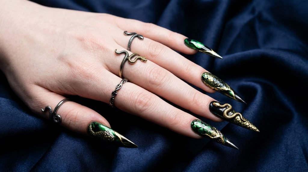An 18-year-old hand with pale white skin showing long stiletto snake art nails on blue silk.